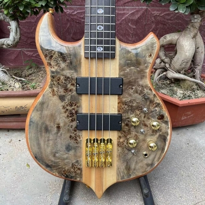 China Ebony Fingerboard 4 Strings Bass Factory Burst Maple Top 9V Active Pickup Electric Bass Guitar supplier