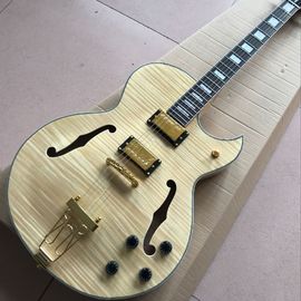 China Custom shop,Custom F hollow body jazz electric guitar,double Tiger Flame.Natural wood color gitaar supplier