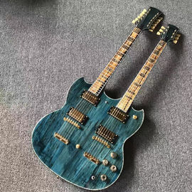 China Top brand two head blue electric guitar with double neck and shell inlays supplier