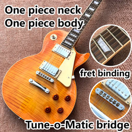 China Custom one piece Neck one piece body electric guitar, Upgrade Tune-o-Matic bridge guitar Tiger Flame standard guitar supplier