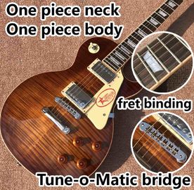 China One piece Neck one piece body electric guitar, Upgrade Tune-o-Matic bridge guitar Tiger Flame standard guitar in sunburs supplier