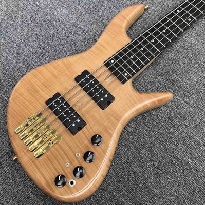 China Solid Flame Maple Top 5 Strings Bass Guitar Ebony Fingerboard Custom Gold Hardware Ash Wood Electric Bass supplier
