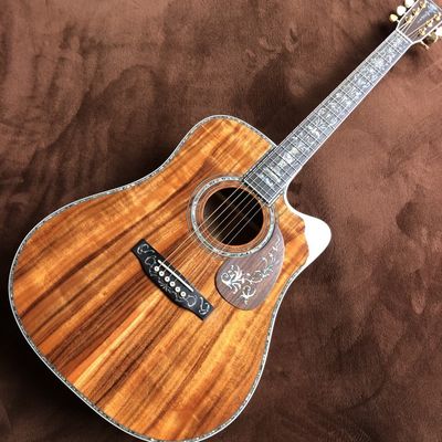 China Custom 41 Inch Solid KOA Wood Top Cutaway Classic Folk Acoustic Guitar Real Abalone Inlay D-Shape Electric Guitar Wood P supplier