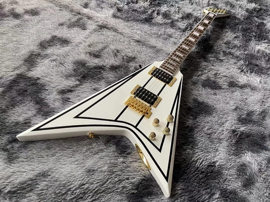 China Custom Jackson V electric guitar white color in black strips with gold hardware accept guitar OEM supplier