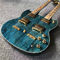 Top brand two head blue electric guitar with double neck and shell inlays supplier