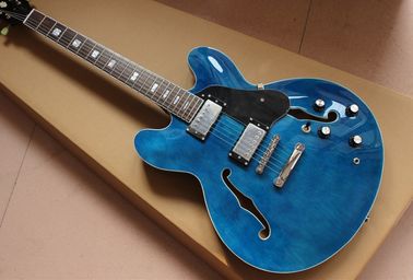 China High quality electric guitar in blue color hollow body with chrome hardware supplier
