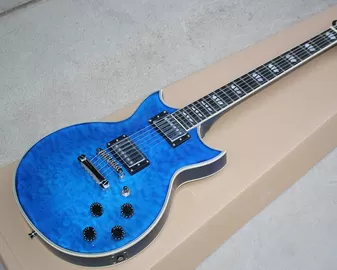 China Custom Blue Body Electric Guitar with Flame Maple Veneer,Chrome Hardwares,White Binding body and neck supplier