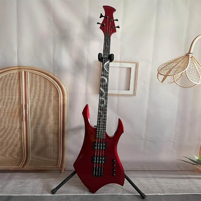 China Custom Special Irregular Body Shape Transparent Red Electric Bass Guitar 4 Strings Basswood Body supplier