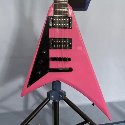 China Left-Handed Pink Swallow Tail V Solid Body Electric Guitar Open Pickups 22 Fret supplier