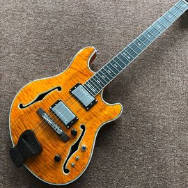 China Custom F hollow body jazz Electric Guitar.double tiger flame gitaar.vibrato system.musical instruments orange color supplier