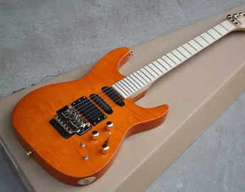 China Factory Custom Orange Electric Guitar with Floyd Rose,3 Pickups,No Frets Inlay,Gold Hardware,Flame Maple Veneer supplier