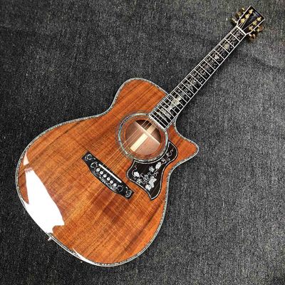 China Custom Solid KOA Wood Top OM Body Shape Life Tree Inlay Acoustic Guitar Wood Pickguard supplier