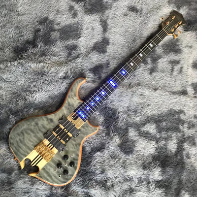 China Custom Grand Neck Through Body Flamed Maple Top 5 Strings Bass Guitar Alem Cut Bottom Side LEDs supplier