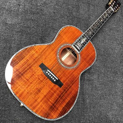 China Custom Full Abalone Inlays OOO 39 Inch Round Body Solid Koa Top Acoustic Guitar supplier