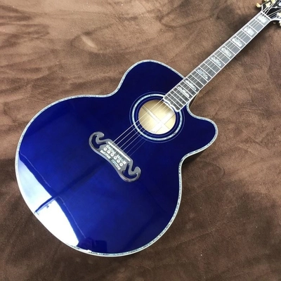 China Custom 43 Inch Sky Blue Lacquered Solid Wood Polished Jumbo Flamed Maple Back Side Cutaway Acoustic Guitar supplier