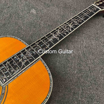 39" Solid Rosewood Back Side Acoustic Guitar Ebony Fretboard Abalone Inlays in Yellow Painting supplier