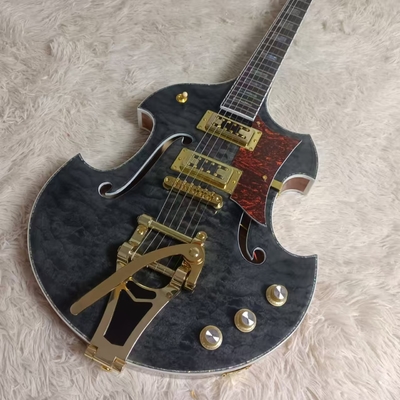 Custom f hole hollow body irregular body Gretsch style electric guitar with bigs bys trem in transparent black, accept guitar and bass OEM supplier