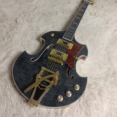 Custom f hole hollow body irregular body Gretsch style electric guitar with bigs bys trem in transparent black, accept guitar and bass OEM supplier