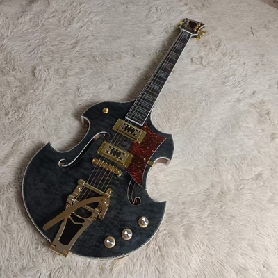 Custom f hole hollow body irregular body Gretsch style electric guitar with bigs bys trem in transparent black, accept guitar and bass OEM supplier