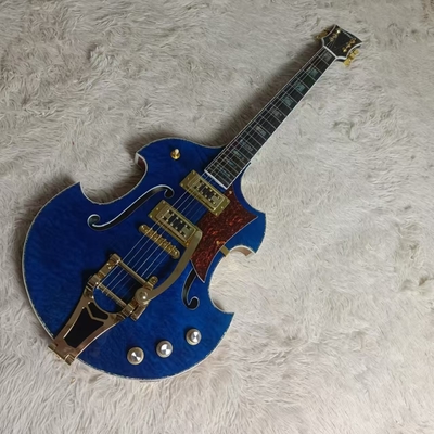 Custom f hole hollow body irregular body Gretsch electric guitar with bigs bys trem in blue color, accept guitar and bass OEM supplier