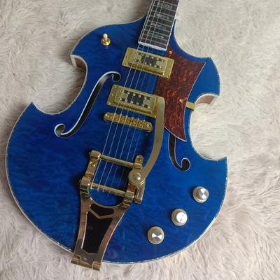 Custom f hole hollow body irregular body Gretsch electric guitar with bigs bys trem in blue color, accept guitar and bass OEM supplier