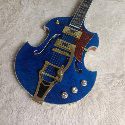 Custom f hole hollow body irregular body Gretsch electric guitar with bigs bys trem in blue color, accept guitar and bass OEM supplier