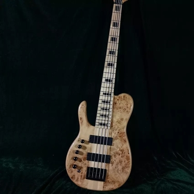 Custom Natural Burl Color One Piece Neck Through 5-Strings Left Handed Electric Bass Guitar supplier