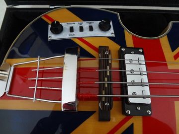 4 string bass guitar Hofner BB2 guitar UK flag on flamed body top Hofner contemporary series supplier
