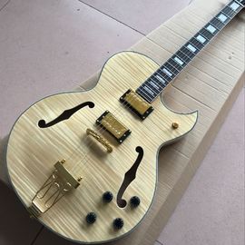 Custom shop,Custom F hollow body jazz electric guitar,double Tiger Flame.Natural wood color gitaar supplier