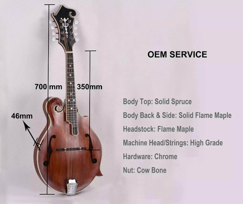 Custom Grand Handcarved Solid Spruce Top 8 Strings F Style Mandolin, Accept Mandolin OEM supplier
