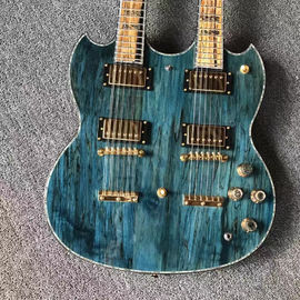 Top brand two head blue electric guitar with double neck and shell inlays supplier