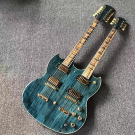 Top brand two head blue electric guitar with double neck and shell inlays supplier