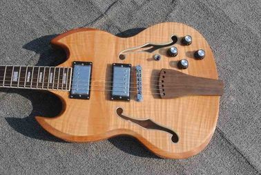 High quality custom 6 string electric guitar, flame maple veneer, wood color body, double F hole half hollow body, rosew supplier