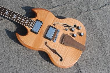 High quality custom 6 string electric guitar, flame maple veneer, wood color body, double F hole half hollow body, rosew supplier