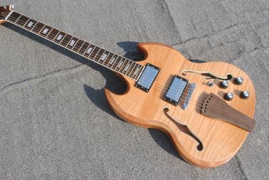 High quality custom 6 string electric guitar, flame maple veneer, wood color body, double F hole half hollow body, rosew supplier