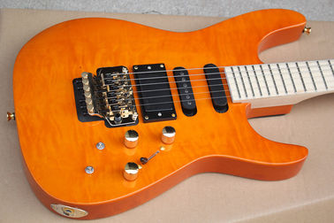 Factory Custom Orange Electric Guitar with Floyd Rose,3 Pickups,No Frets Inlay,Gold Hardware,Flame Maple Veneer supplier