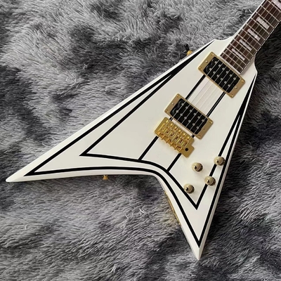 Custom Jackson V electric guitar white color in black strips with gold hardware accept guitar OEM supplier