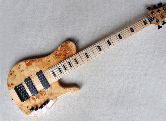 Custom 6 Strings Neck Thru Body Electric Bass Guitar with 24 Frets Active Pickup Maple Fretboard Natural Wood Color supplier